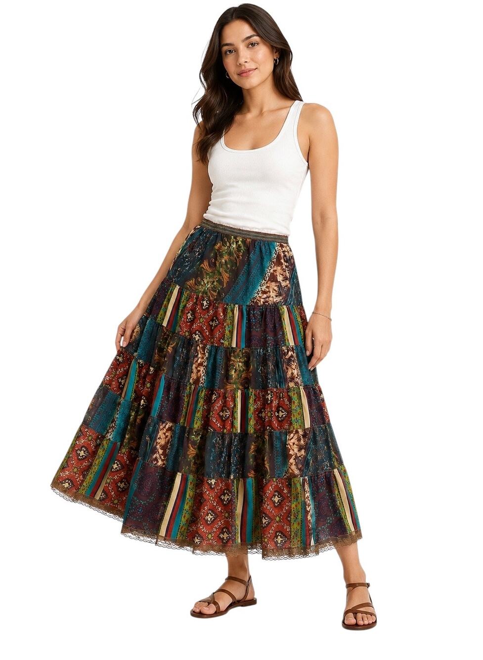 The Pyramid Collection Women's Multicolor Patchwork Boho Maxi Skirt Size XL